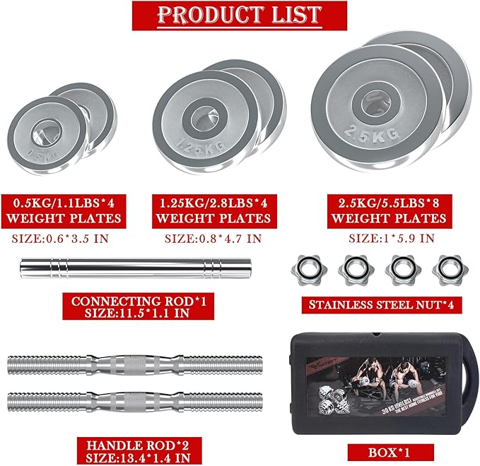 VIVITORY Fitness Dumbbells Set, Adjustable Weight Sets up to 11/22/44/66/100 lbs, with Metal Connecting Rod Used As Barbell, Chromed Weights, Hardcover Gift Box, Home Gym Work Out Training Equipment