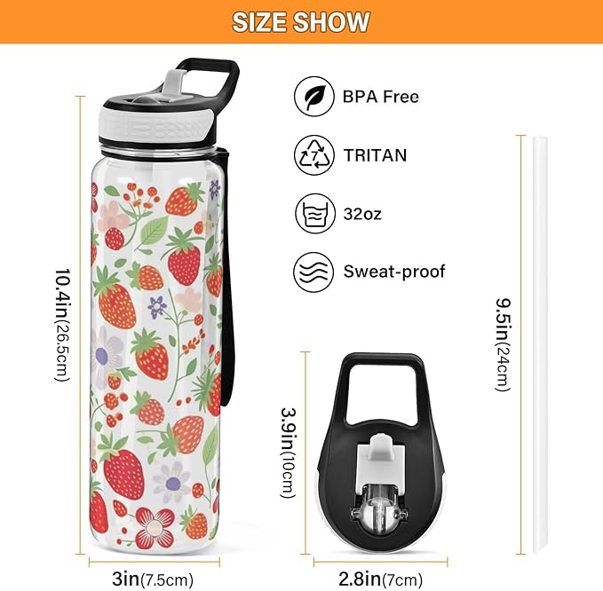 YETTASBIN Strawberry Flower Clear Water Bottle with Straw Lid, BPA-Free Leakproof Sport Water Bottle 32oz Large Gym Water Jug for Men Women Travel Fitness Outdoor