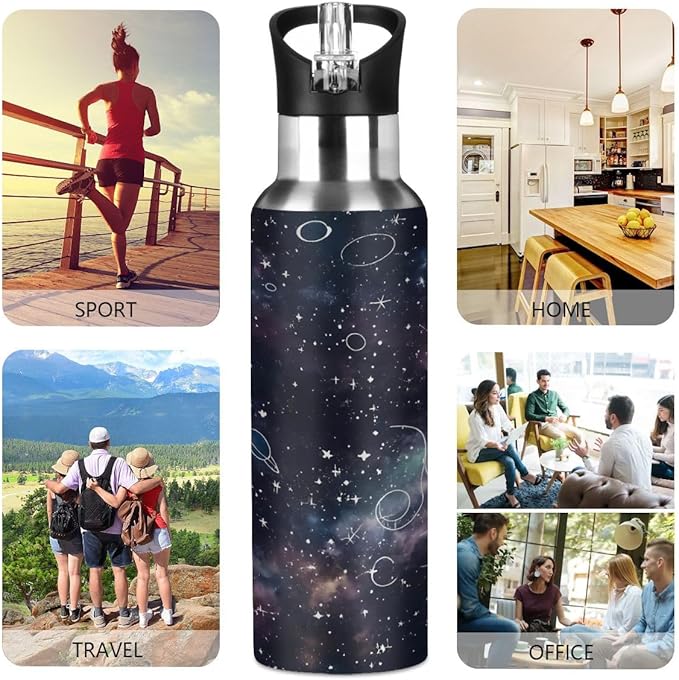 AUUXVA Night Planet Constellation Galaxy Water Bottle Vacuum Insulated Stainless Steel Mug Kids Water Bottle with Straw and Handle Keep Hot Cold Sport Bike Fit Travel Outdoor 20 oz