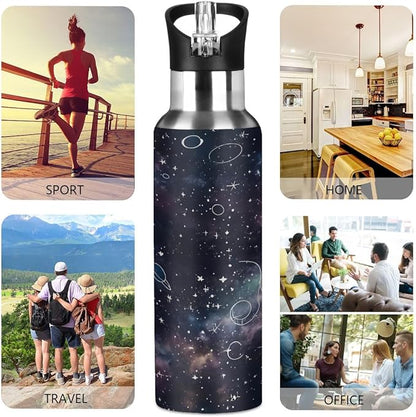 AUUXVA Night Planet Constellation Galaxy Water Bottle Vacuum Insulated Stainless Steel Mug Kids Water Bottle with Straw and Handle Keep Hot Cold Sport Bike Fit Travel Outdoor 20 oz