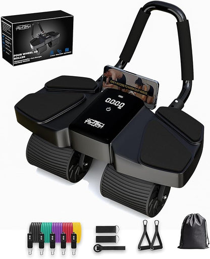 Ab Roller Home Gym Equipment – 4 Wheels Ab Wheel Muscle Roller with LCD Screen, 5Pcs Resistance Bands, Ankle Straps, Door Anchor, Handles, Travel Bag – Comfortable Elbow Support with Non-Slip Handles