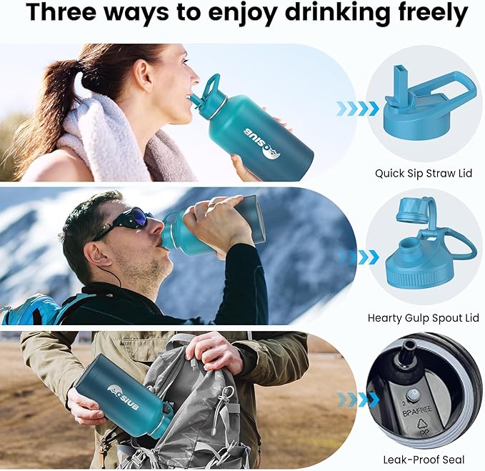 Insulated Water Bottle 64 oz, Triple Wall Vacuum Stainless Steel(Cold for 48 Hrs),Leak Proof & BPA-Free,Half Gallon Water Bottle with Reflective Paracord & Flip Straw for Sports & Travel, Black