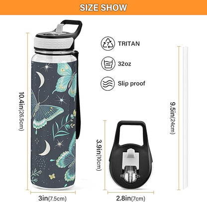 Burbuja Elegant Moon Moth 32 oz Water Bottle with Straw Lid, Leakproof & BPA Free Tritan Bottle for Gym Fitness Outdoor Sports