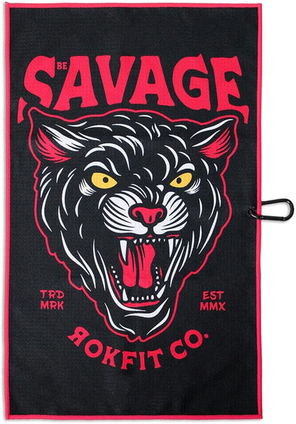 RokFit Gym & Golf Towel – Multi-Use, Quick-Dry, Durable Utility Towel with Bold Graphic and Carabiner Clip (Be Savage)