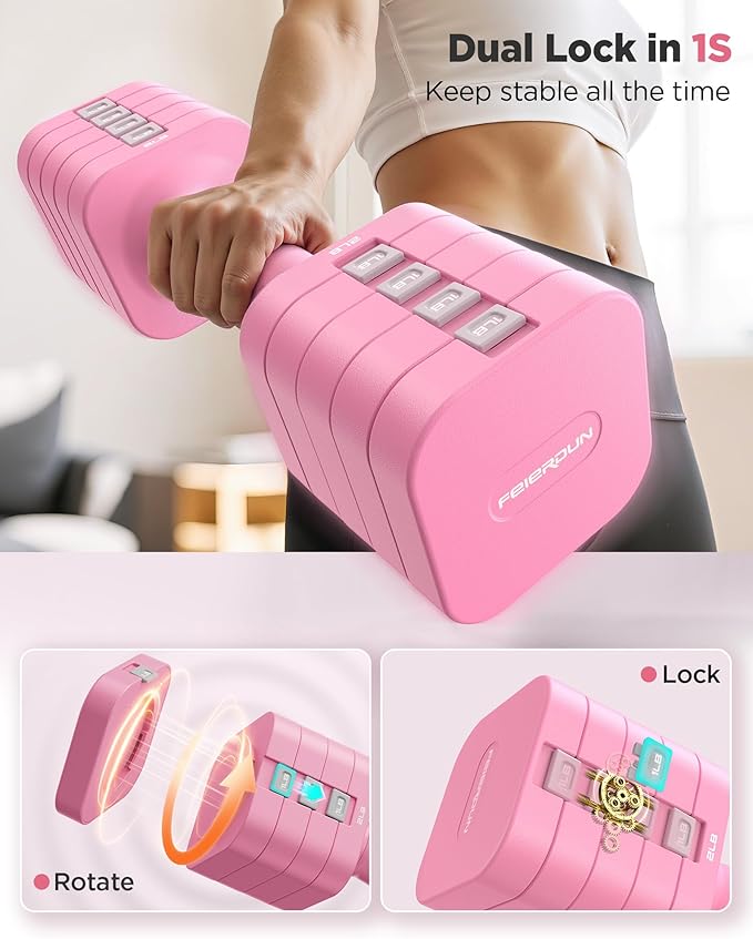 FEIERDUN 5-in-1 Adjustable Dumbbell Set of 2, 12LBS/20LBS Hand Weights for Women, Men, 1s-Adjust Dual-Stable Dumbbell Set for Women Home Gym & Outdoor