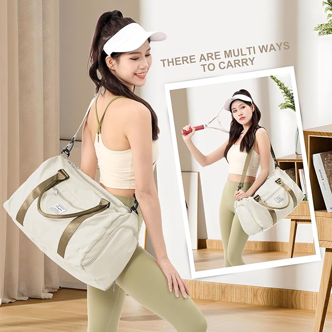 Gym Bag for Women Men with Shoes Compartment,Sports Duffle Bag Personal item travel Duffel Bags Tote Bag Small Carry on Weekender Overnight Bag Workout Dance Bag Hospital Holdalls Beige Brown