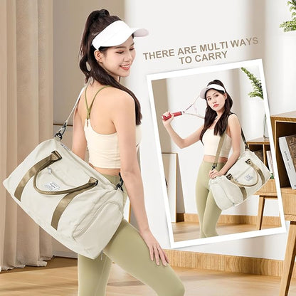 Gym Bag for Women Men with Shoes Compartment,Sports Duffle Bag Personal item travel Duffel Bags Tote Bag Small Carry on Weekender Overnight Bag Workout Dance Bag Hospital Holdalls Beige Brown
