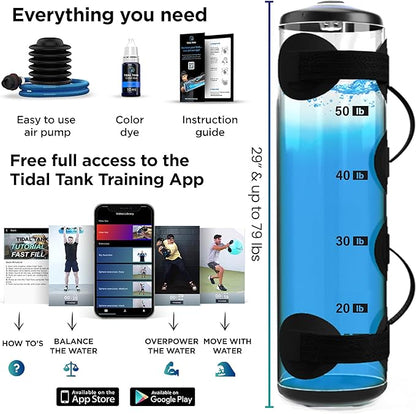 Tidal Tank Tube - The Original Aqua Bag - Water Weight Bag up to 79 lbs - Adjustable Workout Sand Bags Weights Alternative - Portable Sandbag Fitness Equipment Set, Home Exercise Gym - Including App