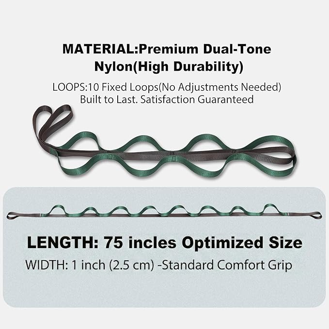 Stretching Strap with 10 Loops – Non-Elastic Yoga Strap for Physical Therapy, Knee Replacement Recovery & Plantar Fasciitis – Leg Stretcher Band for Flexibility & Hamstring Rehab