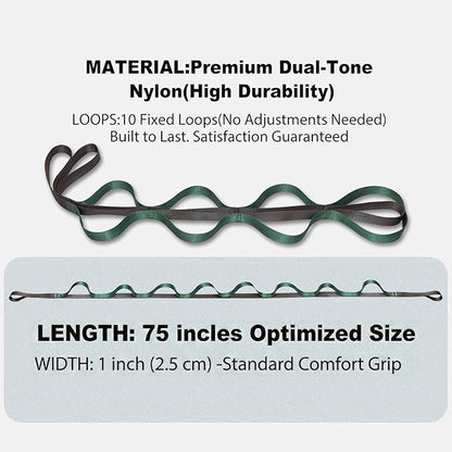 Stretching Strap with 10 Loops – Non-Elastic Yoga Strap for Physical Therapy, Knee Replacement Recovery & Plantar Fasciitis – Leg Stretcher Band for Flexibility & Hamstring Rehab