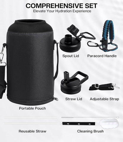 Insulated Gallon Water Bottle(COLD for 36 Hrs), Non-BPA & Leak Proof, 128 oz Stainless Steel Water Jug Large with Paracord Handle, Straw & Spout Lid, Indigo Black