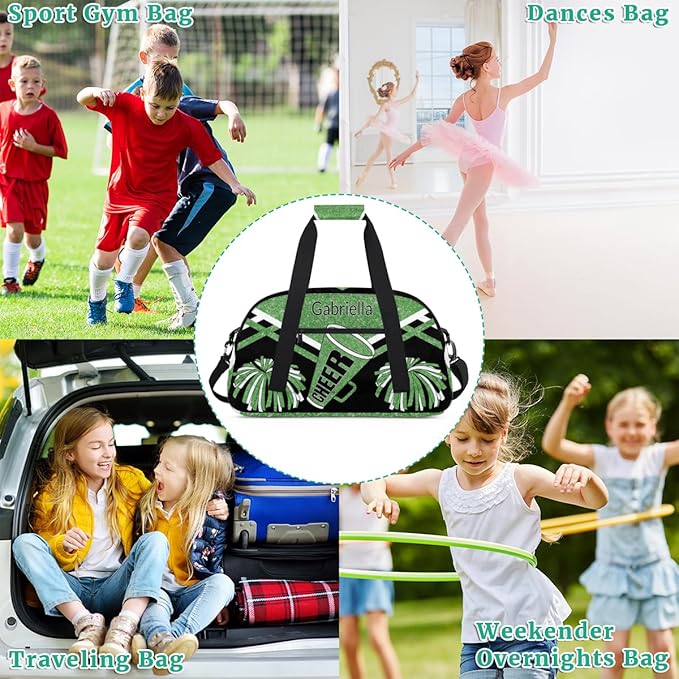 Custom Name Cheerleader Gym Bag for Kids Girls, Personalized Dance Sport Duffel Gymnastics Bag Travel Weekender Outdoor Tote Carry-On Bag, Green Black Glitter Sequins
