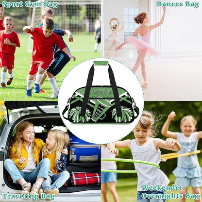 Custom Name Cheerleader Gym Bag for Kids Girls, Personalized Dance Sport Duffel Gymnastics Bag Travel Weekender Outdoor Tote Carry-On Bag, Green Black Glitter Sequins