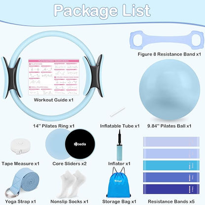 Hoedia 17 PCS Pilates Kit for Women, Pilates Equipment Ring and Ball Set with Resistance Bands, Yoga Strap, Core Sliders, Socks, Bag & Guide for Starter Home Workout Fitness Gym Essentials