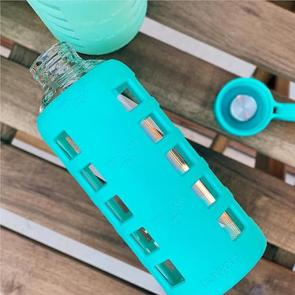 purifyou 40oz / 32oz / 22oz / 12oz Borosilicate Glass Water Bottle with Time & Volume Markers, Silicone Sleeve, Stainless Steel Lid | Reusable Glass Bottle for Water & Juice (22oz Aqua Blue)