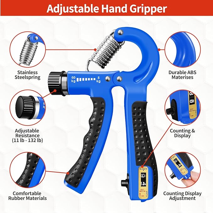 Adjustable Grip Strength Trainer Kit 5-in-1 with Counter, Hand Gripper & Finger Exerciser for Forearm Strength, Physical Therapy for Carpal Tunnel & Arthritis, Portable Workout Equipment for Rock Climbing & Gym, Gifts for Men