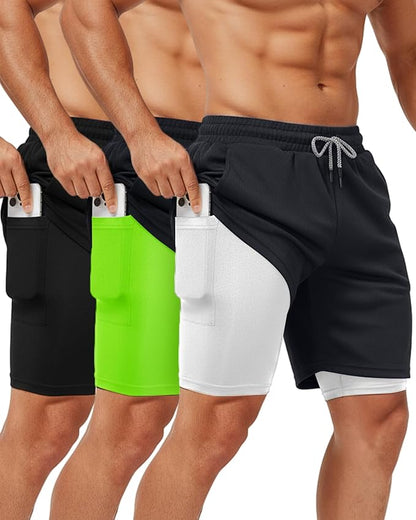 Sureio 3 Pcs Men's 2 in 1 Gym Workout Running Shorts 7 Inch Quick Dry Lightweight Athletic Short with Liner Pocket Towel Loop