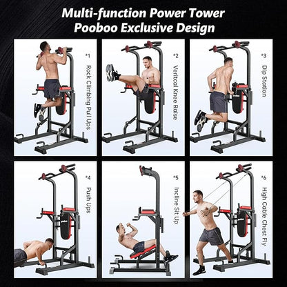 Pooboo Power Tower Dip Station Pull Up Bar for Fitness Home Gym Workout,450 Pounds Multi-Function Adjustable Height Fitness Strength Training Exercise Equipment,with Power Elastic Ropes