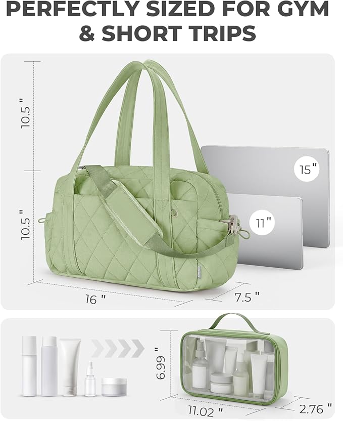 Percover Women Gym Bag with Toiletry Organizer Pouch, Quilted Workout Duffle with Compartments for Daily Fitness & Yoga, Locker-Friendly Soft Carry, Mint Green