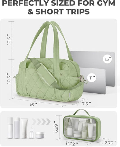 Percover Women Gym Bag with Toiletry Organizer Pouch, Quilted Workout Duffle with Compartments for Daily Fitness & Yoga, Locker-Friendly Soft Carry, Mint Green