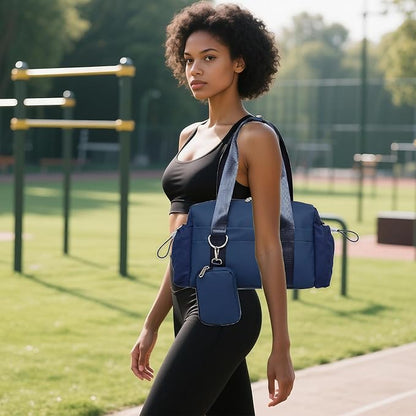 Everyday Mini Gym Bag for Women 2.0, Small Tote with Zipper Compartment Waterproof Travel Duffle Cute Handbag Workout Carry On with Removeable Shoulder Strap & Coin Wallet Easy to Clean - Navy