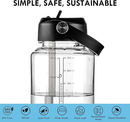 OLDLEY 32 oz Clear Water Bottle with Straw,Tritan BPA-Free, Wide Mouth, Leak Proof - for Gym, Travel, Home, School, Office (Clear)