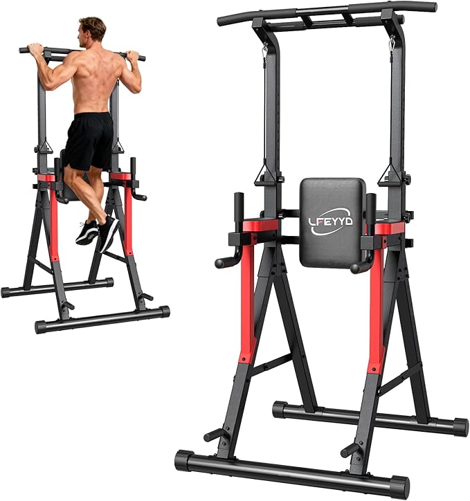 Power Tower Pull Up Bar Free Standing, 13-Level Adjustable Height Dip Station with X-Frame Stability, Multi-Grip Handles, Backrest, Anti-Slip Foot Pads, Home Gym Strength Training Equipment 400LBS