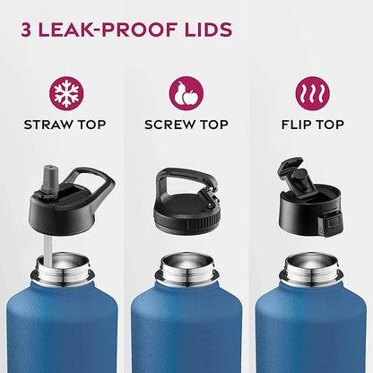 FineDine Triple Walled, Insulated Water Bottles with Straw - 64 Oz Stainless Steel Metal Bottle W/ 3 Leak Proof Lids - For Travel, School, Sports, Gym/Men, Women & Kids - Majestic Sapphire