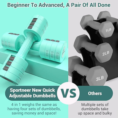 Sportneer Adjustable Dumbbells Hand Weights Set: 5 lb Dumbbell Set of 2 Each 2lb 3lb 4lb 5lb Free Weights Fast Adjust Weight 4 In 1 Weights Dumbbells Set for Women Men Home Gym Exercise Training