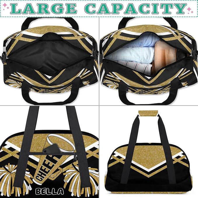 Personalized Gym Bag Cheer Bag Kids Girls, Custom Name Weekender Gymnastics Cheerleading Training Bag for Women Traveling Business Trip, Yellow Gold Glitter Black