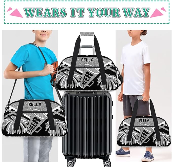 Personalized Cheerleading Dance Bag Girls, Sports Bag Gym Sport Duffel Bag Weekender Bags Travel Dancing Lightweight Bag, Silver Black Glitters