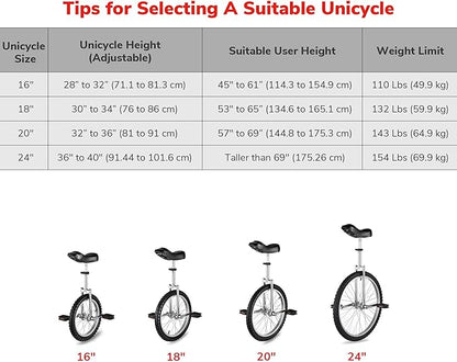 AW 16/18/20/24 Inch Wheel Outdoor Unicycle Adjustable Seat Exercise Bicycle Fit Adults Kids Outdoor Sports Fitness Exercise, for Choice