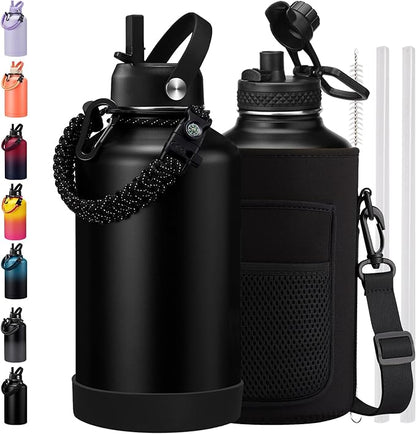 BENZZO 64 oz Water Bottle Insulated Leak Proof Travel Large 1/2 Half Gallon Water Jug Black for Christmas