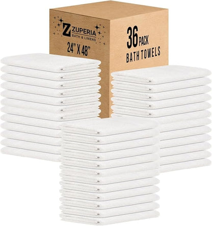 ZUPERIA White Bath Towels Bulk 36 Pack (24 x 48 Inches) - 100% Cotton Economy Light Weight Towels for Commercial Use - Quick Dry, Ultra-Soft, and Absorbent Bulk Towels