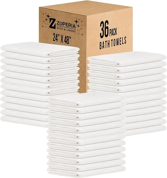 ZUPERIA White Bath Towels Bulk 36 Pack (24 x 48 Inches) - 100% Cotton Economy Light Weight Towels for Commercial Use - Quick Dry, Ultra-Soft, and Absorbent Bulk Towels