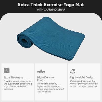 BalanceFrom 71x24 Inches Extra Thick Yoga Mat 1-Inch High-Density Foam – Roll-Up Exercise Pad with Double-Sided Non-Slip Surface and Carrying Strap for Pilates and Home Workouts, Multiple Colors