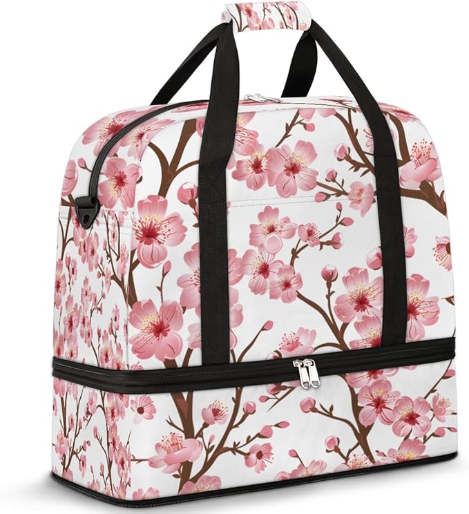 Foldable Travel Duffel Bag for Women, Overnight Weekender Bag Cherry Blossom Floral Carry on Duffel Bag Luggage Sports Gym Tote Bag with Shoes Compartment, Water Rresistant Shoulder Bag