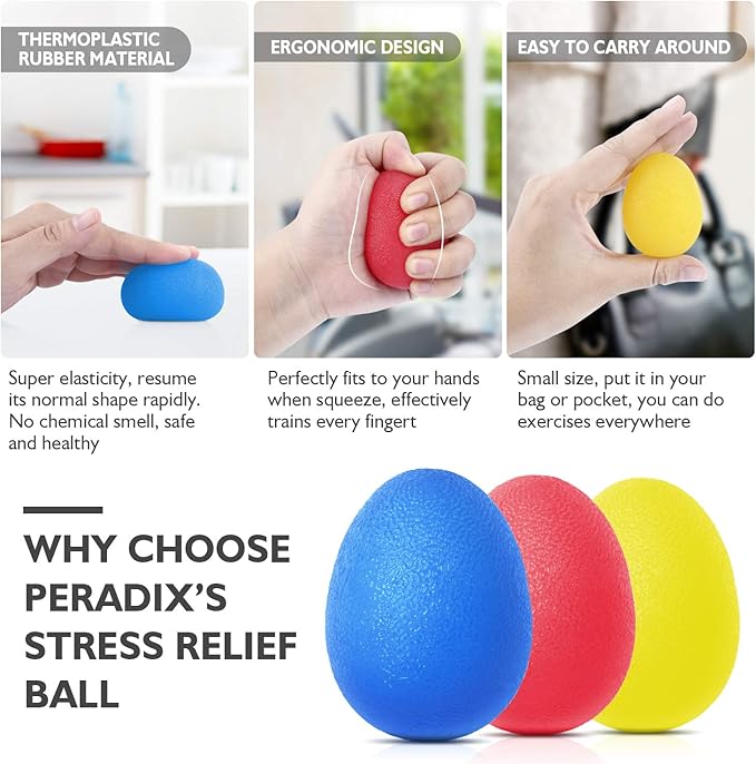 Peradix Hand Grip Strength Trainer, Stress Relief Ball, Wrist Rehab Therapy Hand Grip Equipment Ball Squishy Tools - Set of 3 Finger Resistance Exercise Squeezer