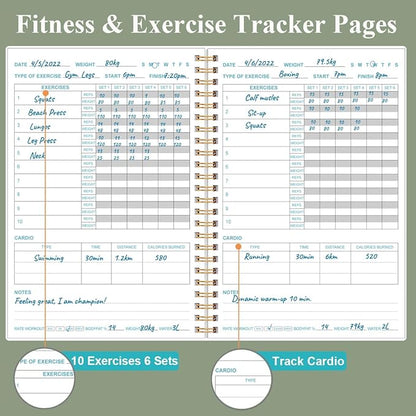 Fitness Journal for Women & Men - A5 Workout Journal/Planner Daily Exercise Log Book to Weight Loss, Gym, Muscle Gain, Bodybuilding Progress - Daily Personal Health & Wellness Tracker, Spiral-Bound, 5.8" x 8.3", Green