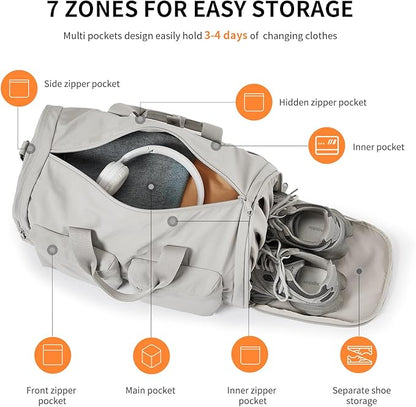 Aji Foldable Travel Duffel Bag for Women with Shoes Compartment, 3 in 1 Carry on Gym Bag with Removable Dry Wet Bag, Lightweight&Water Resistant Duffel Bag for Travel,Sports&Workout, Elegant Gray
