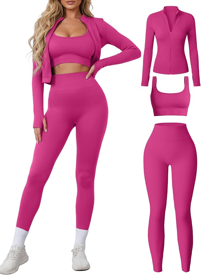 Women 3 Piece Seamless Workout Set Sports Bra High Waisted Gym Yoga Leggings Zip Up Jacket with Thumbhole Activewear