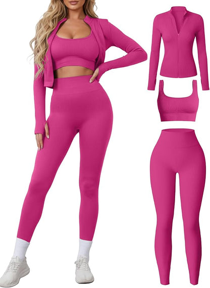 Women 3 Piece Seamless Workout Set Sports Bra High Waisted Gym Yoga Leggings Zip Up Jacket with Thumbhole Activewear