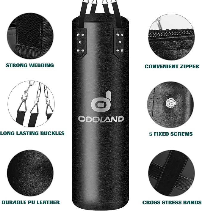 Odoland Punching Bag Set for Adults, 4FT PU Heavy Boxing Bag Set with 12OZ Boxing Gloves, Hand Wraps, Hanging Chains for MMA Karate Kickboxing Home Gym Training as Boys Gifts - Unfilled