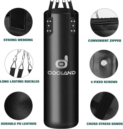 Odoland Punching Bag Set for Adults, 4FT PU Heavy Boxing Bag Set with 12OZ Boxing Gloves, Hand Wraps, Hanging Chains for MMA Karate Kickboxing Home Gym Training as Boys Gifts - Unfilled