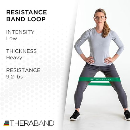 THERABAND Resistance Band Loops, 12" Green, Heavy Resistance, Latex Color-Coded 3" Wide Exercise Band Loop for Home Workouts, Pilates, Strength Training, Physical Therapy, for Women and Men