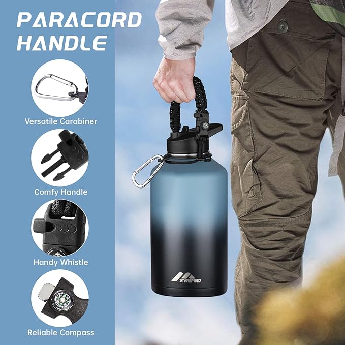 StarSpeed 64oz Insulated Water Bottle with Straws & 2 Lids, Half Gallon Stainless Steel Double Walled Vacuum Water Jug, Large Wide Mouth with Paracord Handle for Gym Camping Hiking, Indigo Black