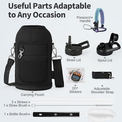 64 oz Insulated Water Bottle with Straw (Cold for 48 Hrs), Half Gallon Stainless Steel Triple Wall Vacuum Sports Water Jug, Leakproof Hydro Cup Flask with Straw Spout Lids & DIY Stickers