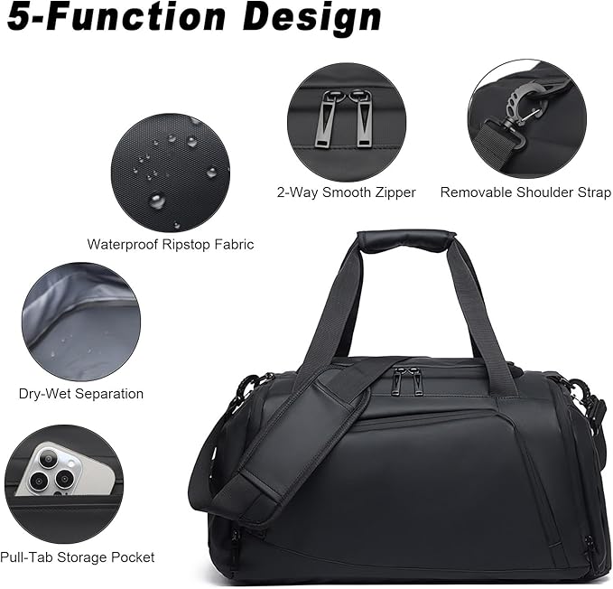 Gym Bag for Men Women 2-in-1 Carry Modes Waterproof Duffle Bag with Shoes Compartment and Wet Pocket Multipurpose Sports Weekender Bags for Travel, Sports, Fitness and Workout,Black