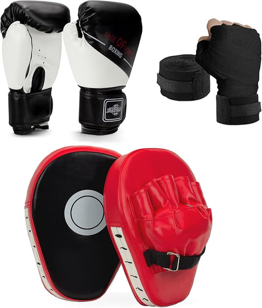 3-in-1 Boxing Gloves and Punching Mitts Set for Kids, Sports Boxing Gloves Boxing Pads with Hand Wraps, Kids Boxing Equipment Set for MMA, Karate, Muay Thai, Taekwondo