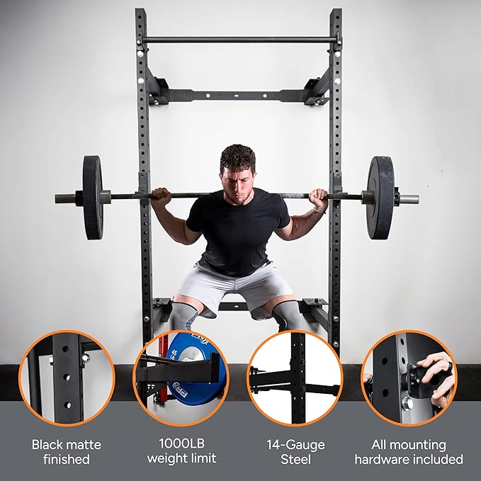PRx Performance Wall Mounted Folding Power Squat Rack - Heavy Duty Adjustable Pull Up Bar, Space Saving Home Gym Equipment with Durable J-Cups, Ideal for Weight Lifting and Strength Training - Black